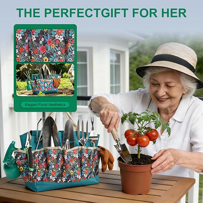 Garden Tool Set, 9 Pcs Heavy Duty Stainless Steel Gardening Hand Tool, Turquoise Garden Tool Bag Kit, Gardening Supplies Gifts for Women Men Mom Dad Gardener Beginner