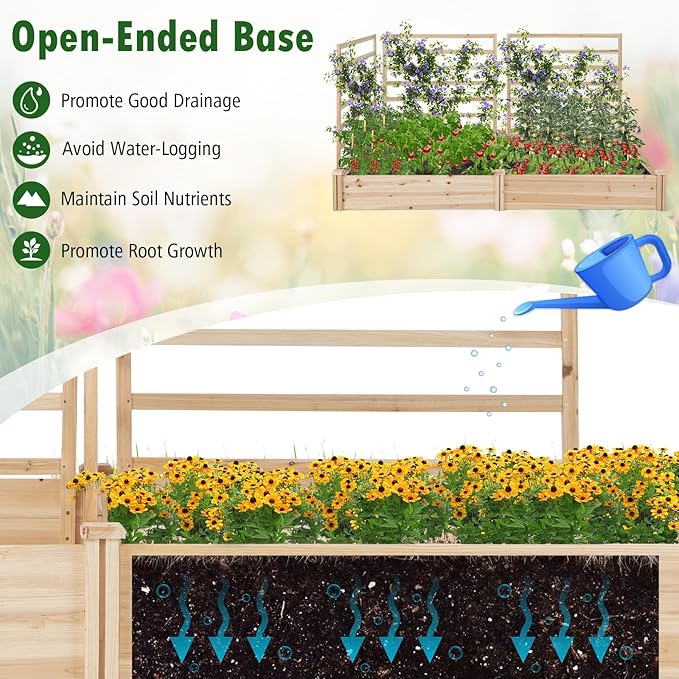Raised Garden Bed with 3 Trellises, 2 Large Wooden Planter Boxes with Trellis for Vine Climbing Plants Flowers, Modular Design for Outdoor Garden Patio Backyard, 88"L x 45"W x 43"H, Natural