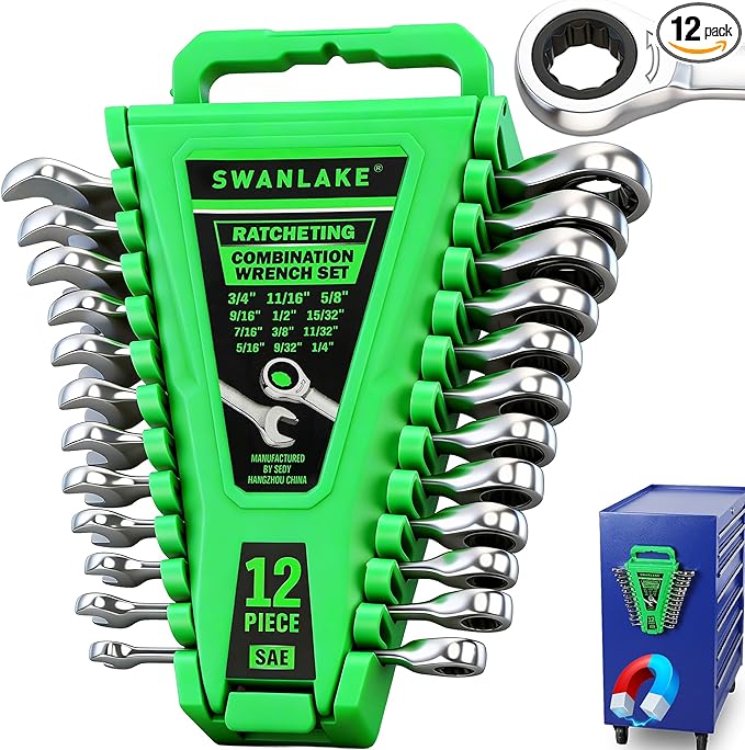 12-Piece Ratcheting Wrench Set, SAE 1/4 - 3/4 inch Ratchet Combination Wrenches Set, 12-Point 72-Tooth Ratchet Spanners with Magnetic Base Organizer, Chrome Vanadium Steel for Automotive Mechanic Tool
