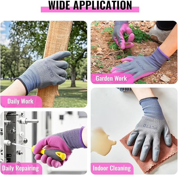 Gardening Gloves for Women 6 Pairs, Garden Gloves for Pruning Flower Rose, Weeding, Digging, Raking, Flower gloves with Rubber coating (Small, Pink)