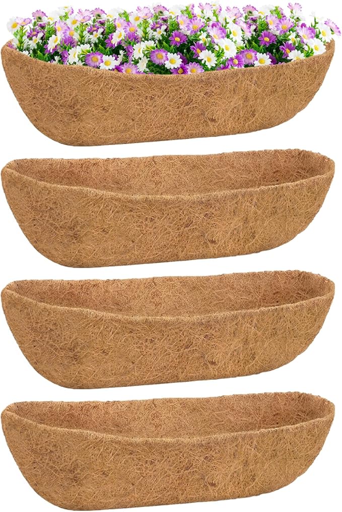 4 Pack 30 Inch Trough Coconut Liners for Planters- Natural Coco Liner Window Box Liners Replacement, Coconut Fiber Planter Liner for Outdoor Flower Planters, Deck Railings, Fence and Balcony