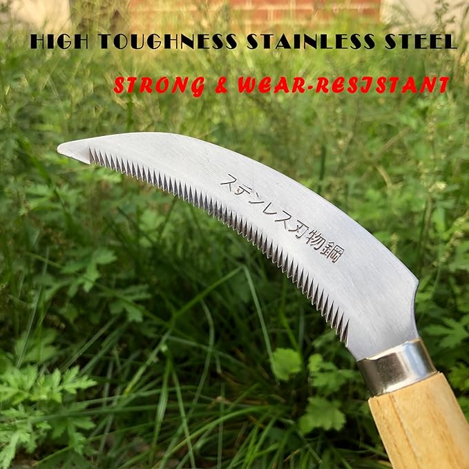 Grass Sickle with Sawtooth Japanese Weeding Hoe Garden Hand Tool Weeding Tools for Garden High-Strength Steel with Solid Wood Handle (Brown)