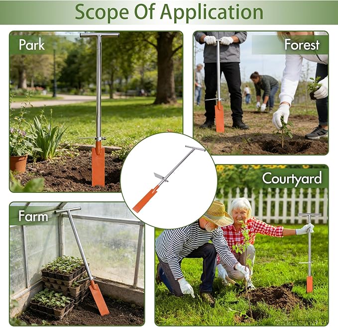 Dibble Bar Planting Tool with Foot Pedal, Sturdy Construction Tree Planting Bar with Stainless Steel Pole, T-Handle Dibbler Gardening Tool Digging Bar Long Flat