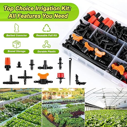 230 Pcs 1/4 Inch Drip Irrigation Fittings Kit, 1/4" Dripline Complete Barbed Connectors- Nozzles, Micro Drips, Nozzle Tees, Single Barbs, Couplers, Tees, Valves, Elbows, Plugs, Crosses, Stakes