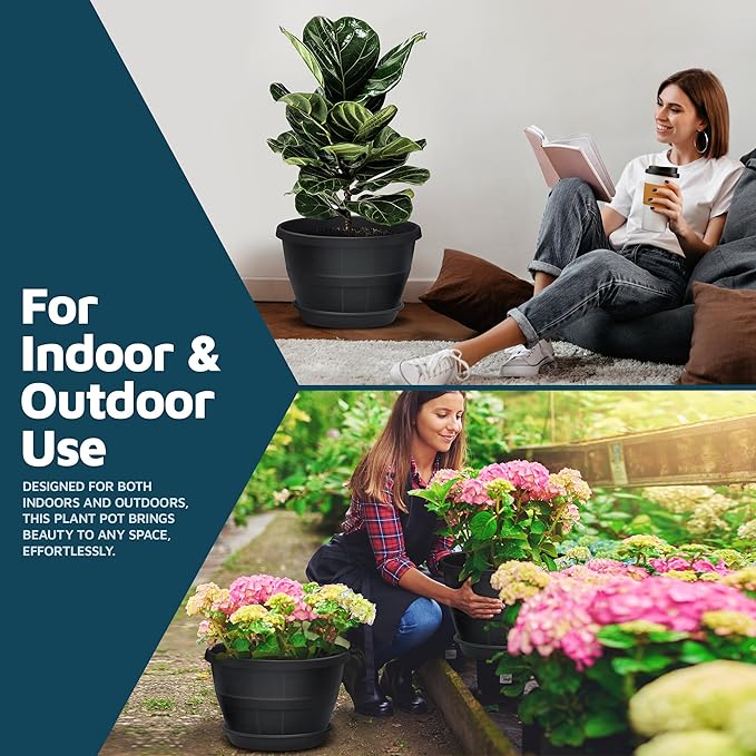 10-Inch Whiskey Barrel Planters Outdoor Pack of 10 - Durable Plastic Plant Pots for Indoor & Outdoor Use with Drainage & Saucer, Lightweight Rustic Barrel Planters for Flowers, Herbs & Small Plants
