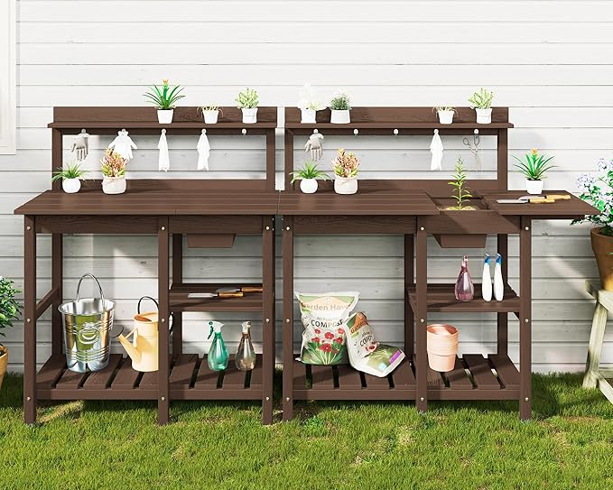 SERWALL Outdoor Potting Bench 2-Piece Set, Rot-Resistant HDPE Potting Table with Removable Sink for Outside Gardening, All-Weather Use - Coffee