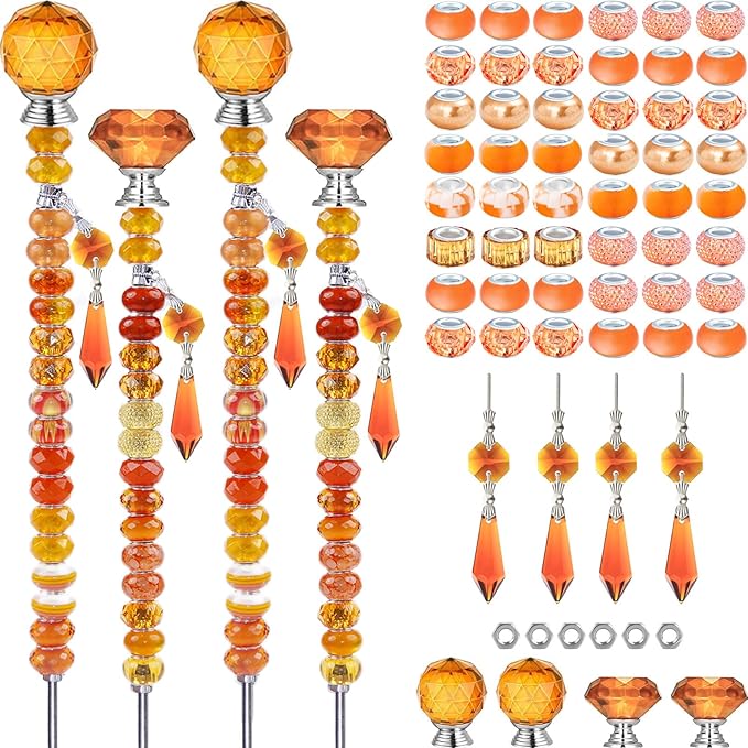 121 Pcs DIY Fairy Wand Beaded Garden Stakes Kit, Fairy Wands Garden Kit Orange Large Hole Bead with Pendants Crystal Stopper Top Threaded Rod Beaded Garden Stakes Supplies for Outdoor Decorative