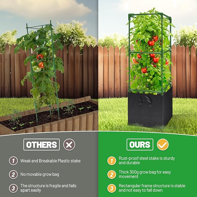 Legigo 4 Pack Tomato Cages with 17 Gallon Grow Bags- 47 Inch Square Tomato Cages for Garden, Heavy-Duty Tomato Stakes Plant Support Cages Trellis for Garden Vertical Climbing Plants Vegetables