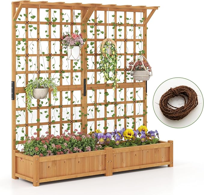 HAPPYGRILL 71" Raised Garden Bed with Trellis, Wood Planter Container w/2 Hanging Roof & Garden Boxes, 4 Drainage Holes, Outdoor Planter Box w/Removable Bottom Plate for Climbing Plants Flowers Vine