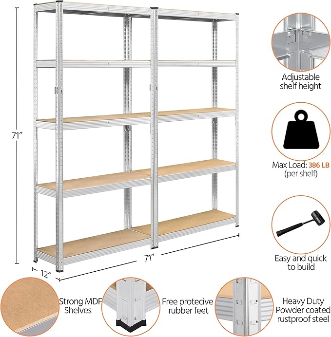 Yaheetech Storage Shelves, 5 Tier Heavy Duty Adjustable Metal Shelving Unit, Industrial Utility Rack for Garage Warehouse Pantry Closet (35.5 W× 12 D × 71 H Inches, Silver)