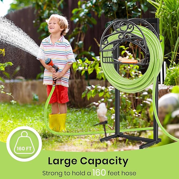 TomCare Garden Hose Holder Upgraded Water Hose Holder Heavy Duty 4 Spikes Hose Hanger Holds 160 Feet Hoses Stable Freestanding Hose Storage Organizer for Outside Yard