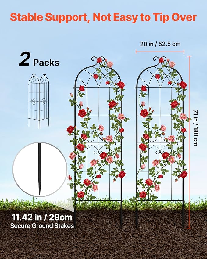 VEVOR Garden Trellis, 71 x 20 inch Rose Trellis, 2 Packs Garden Flower Rose Trellises with Powder-Coated Finish & Convenient Locking Design, Plant Support Trellises for Flowers, Vegetables, Roses