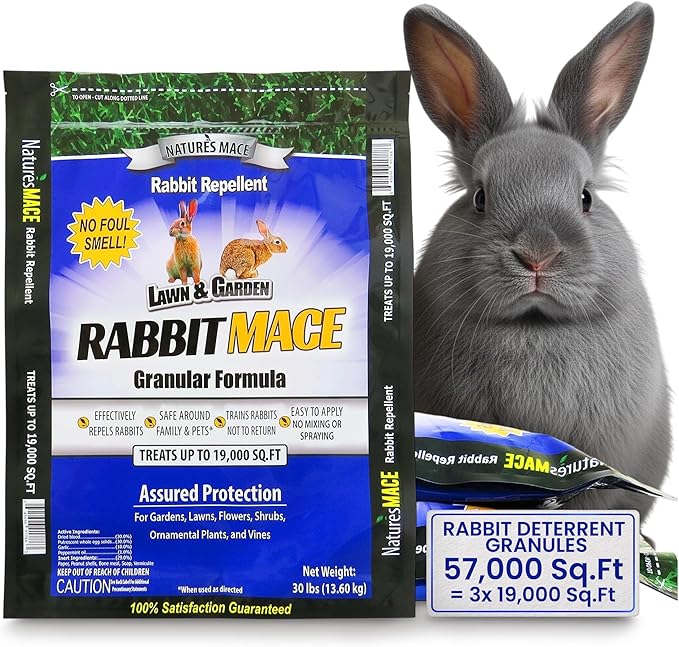 Nature's MACE Rabbit MACE Granules, Rabbit Repellent for Gardens, Lawns, Farms & Landscapes, Treats 57,000 sq ft, Granular Deterrent, 90 Pounds, All-Season Use, Safe for Pets, Children, and Plants