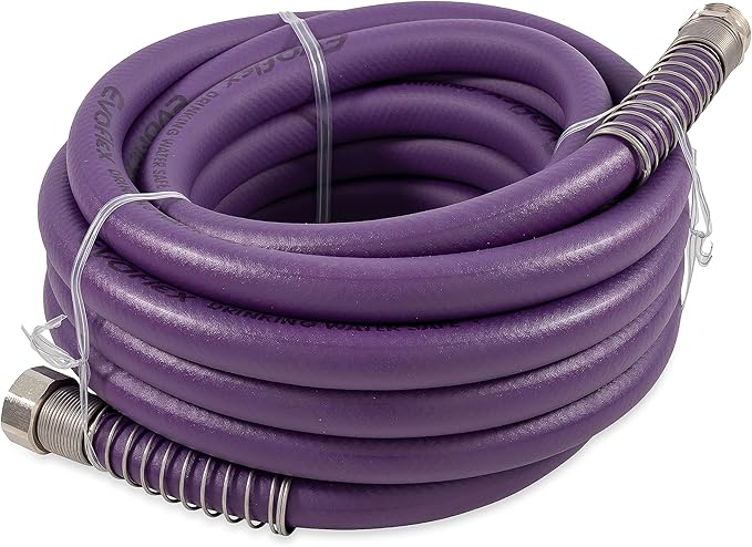 Camco EvoFlex 25-Ft Water Hose - RV Drinking Water Hose Contains No Lead, No BPA & No Phthalate - Flexible Design w/Stainless Steel Strain Relief Ends - 5/8” Inside Diameter, Purple (22582)