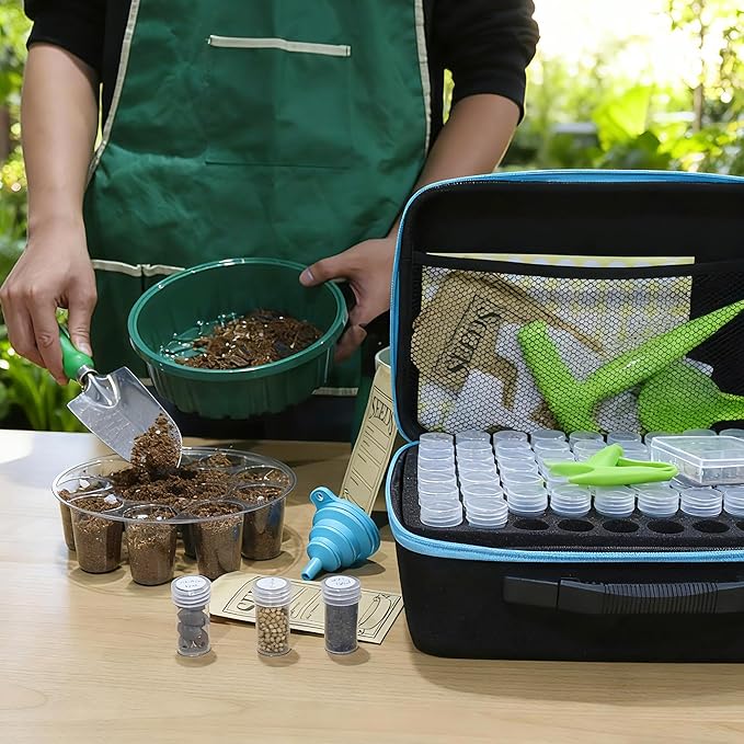 140 Slots Seed Storage Organizer Kit with 20 Envelopes, Waterproof Seed Storage Box, Transparent Bottles, Tweezers, Funnel, Sower for Vegetable Flower Garden Seeds Saver Kit for Vegetable
