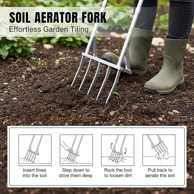 5-Tine Heavy Duty Broadfork, Rust-Resistant Professional Garden Fork with Widened Foot Pedal, High-Strength All-Steel Soil Tiller for Aerating Clay Soil, Easy Assembly Tool for Farming