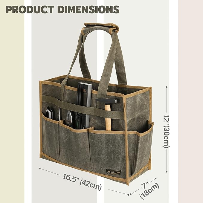 Canvas Large Tool Bag - A Large Main Pocket and 14 Insert Pockets - Durable 16oz Waxed Canvas Tool Case with Handle - 16.5 X 7 X 12 inch | ArmyGreen
