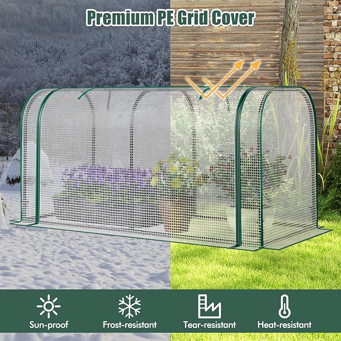 Happygrill Raised Garden Bed with Greenhouse Cover, Raised Bed with Legs & Drainage Holes for Herbs, Vegetables, Outdoor Wood Elevated Planter Box for Patio, Backyard, Balcony (White+Grey)
