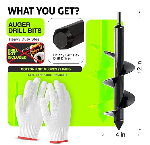 Auger Drill Bit for Planting with Gloves (4 x 12 Inch) - Heavy Duty Garden Spiral and Bulb Planter Tool for Digging Holes - Compatible with 3/8 Inch Hex Drive