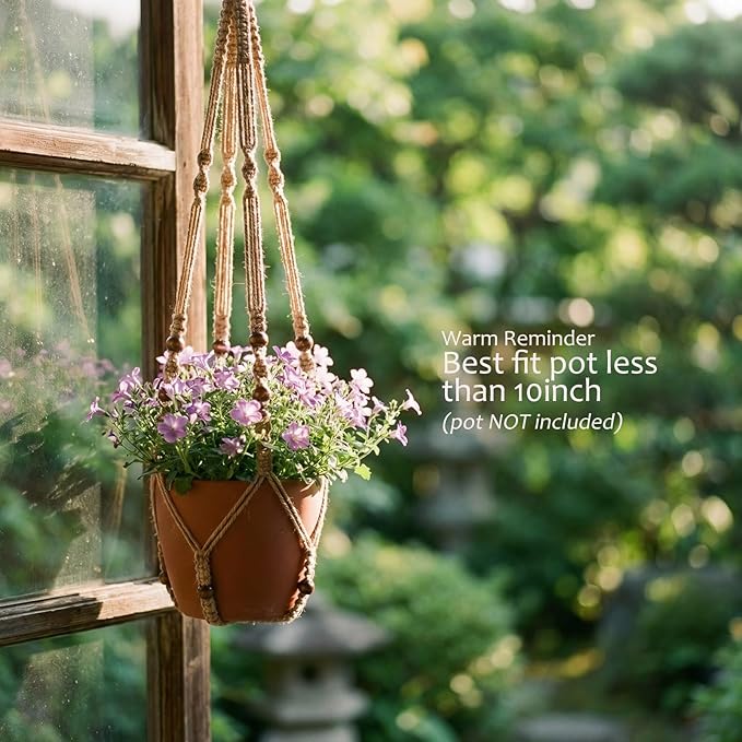 Macrame Plant Hanger 35", No Tassel Hanging Plant Holder, Sturdy Flower Pot Holder with 2 Hooks - Brown