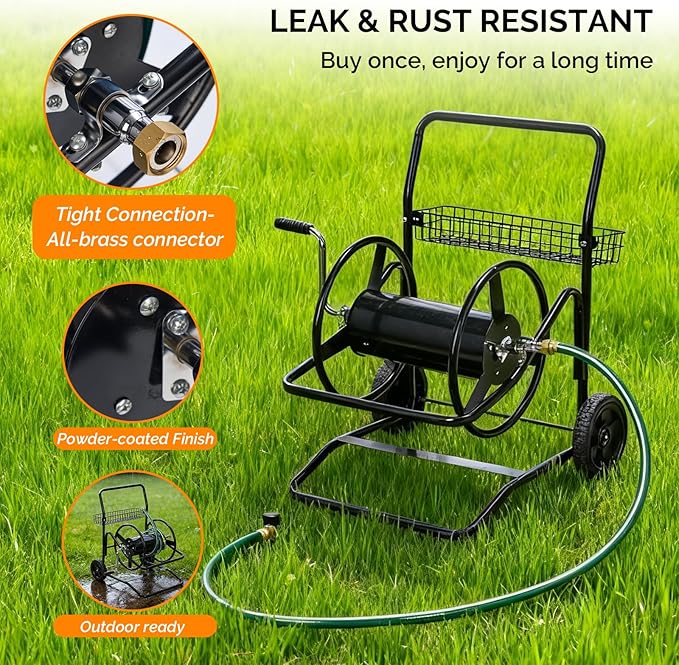 VINGLI 2-Wheel Garden Hose Reel Cart, Freestanding Water Hose Reel for Outside with Heavy Duty Portable Rolling Design Metal, 200FT Capacity for 3/4" Hose for Outdoor Use (Black)