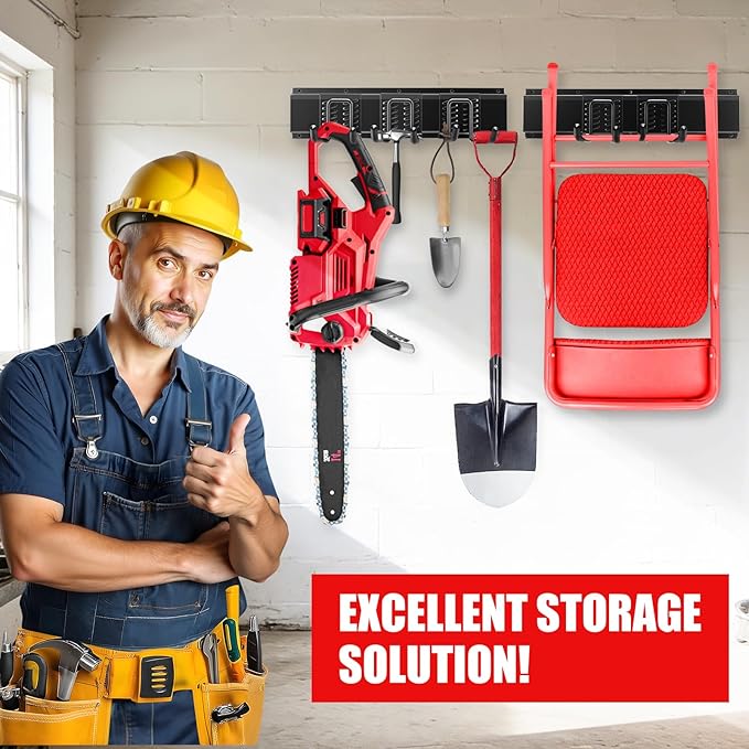 Heavy Duty Garage Tool Organizer Wall Mount, 64" Industrial Carbon Steel Storage Rack, 920LB Load Capacity, 12 Sliding Hooks for Garden Tools, Shovel, Rake, Ladder & Power Tools (4x16 Panels)