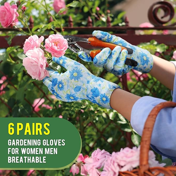 6 Pairs Gardening Gloves for Women - Breathable Rubber Coated Garden Gloves, Multi-purposes Gardening Gloves