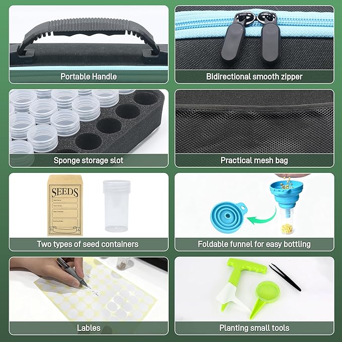 140 Slots Seed Storage Organizer Kit with 20 Envelopes, Waterproof Seed Storage Box, Transparent Bottles, Tweezers, Funnel, Sower for Vegetable Flower Garden Seeds Saver Kit for Vegetable