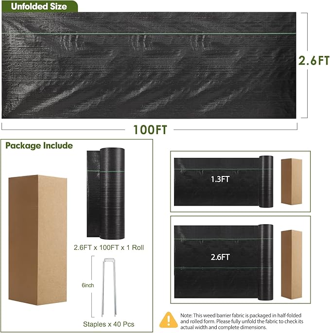 HongWay 2.6FT x 100FT Weed Barrier Landscape Fabric, Weed Block Fabric Heavy Duty with 40 U-Shaped Staples, Garden Cloth Weed Control Mats Ground Cover for Garden Beds, Farming, Underlayment