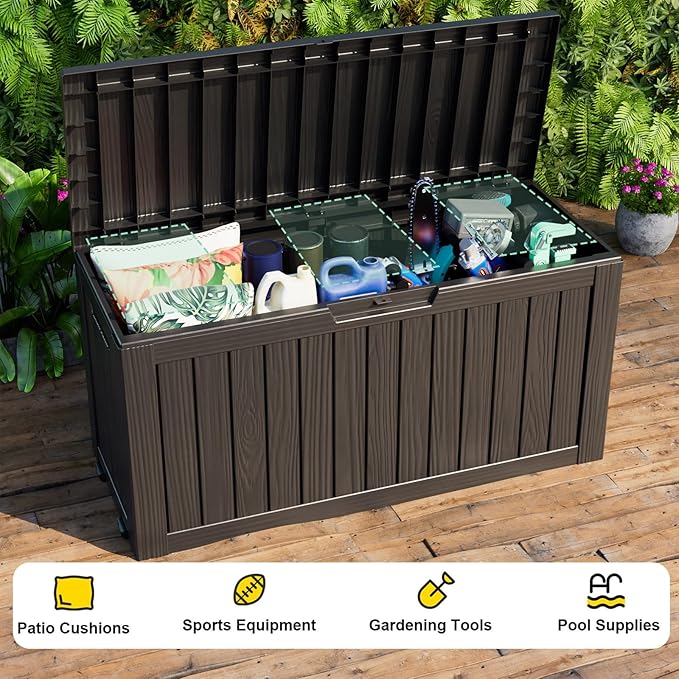 ROJIK 90 Gallon Waterproof Outdoor Deck Storage Box, Lockable Resin Patio Storage Bin with Lid for Garden Tools, Patio Cushions & Outdoor Accessories(Black)