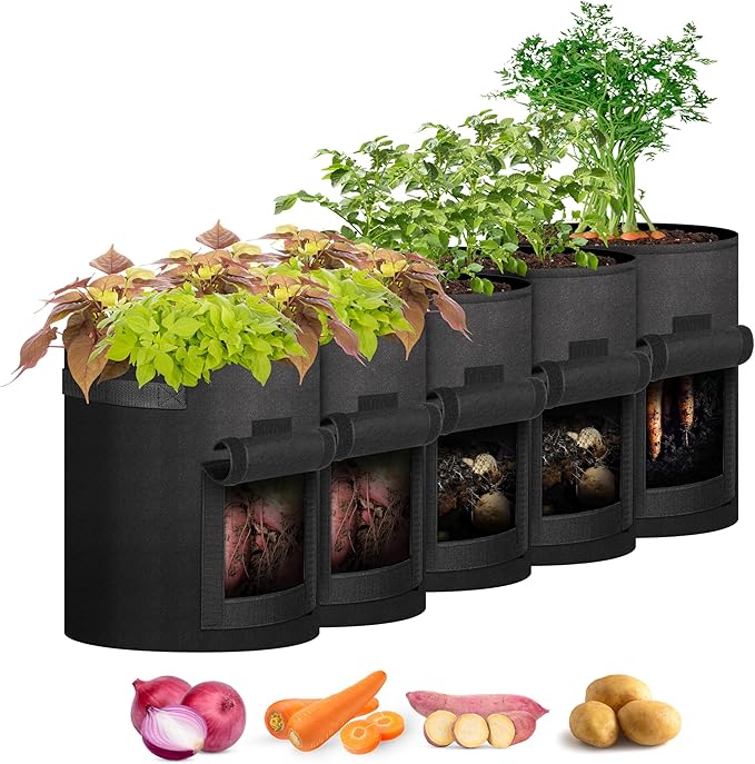 iPower 5 Pack 10 Gallon Potato Grow Bags with Flap, Garden Planting Nonwoven Fabric Pots with Reinforced Handle, Heavy Duty and Aeration Planter Pot for Tomato, Fruits, Vegetables and Flowers