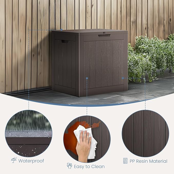 DUMOS 31 Gallon Deck Box, Lockable Outside Storage Box for Outdoor Use, Outside Waterproof Resin Package Delivery Box for Backyard Patio Garden, Modern Brown