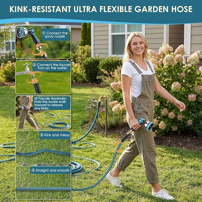 Garden Hose 100 ft Non-Expandable - Ultra Lightweight Super Flexible & Kink-Free Water Hose with Shut-Off Valve, 10-Pattern Nozzle & Holder, Leakproof Heavy Duty Hose for Yard Outdoor, Blue