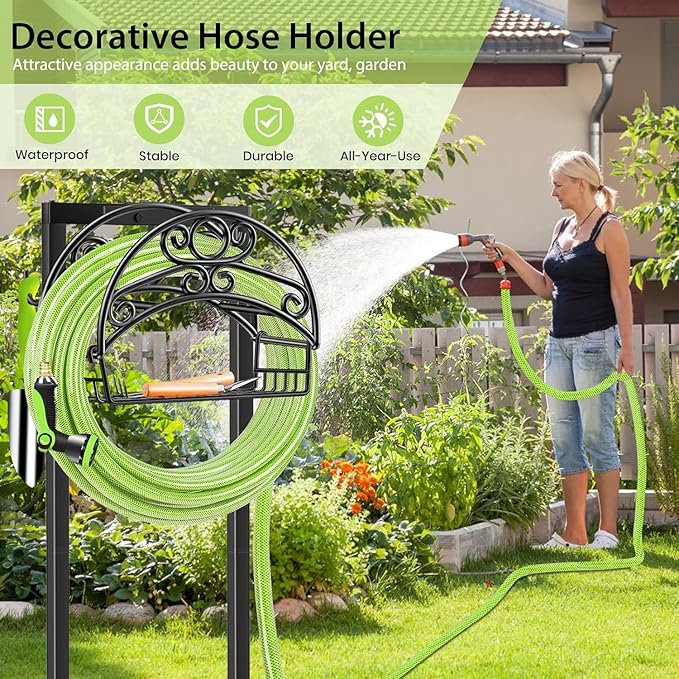 TomCare Garden Hose Holder Upgraded Water Hose Holder Heavy Duty 4 Spikes Hose Hanger Holds 160 Feet Hoses Stable Freestanding Hose Storage Organizer for Outside Yard