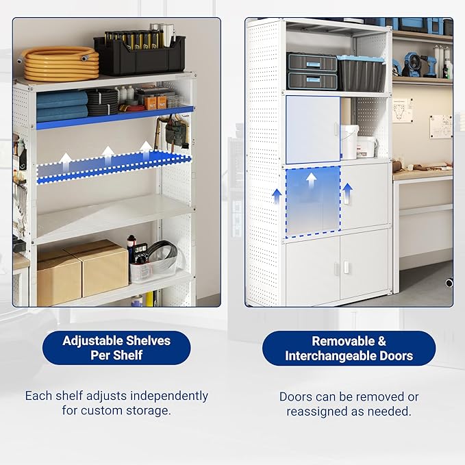 FLEXIMOUNTS Garage Storage Cabinet System, 3-in-1 Modular System with Integrated Workbench, Cabinets & Pegboard, 24-Gauge Steel, 117" L, 6-Door Cabinet for Garage Workshop, White, FLEXIMOD Series