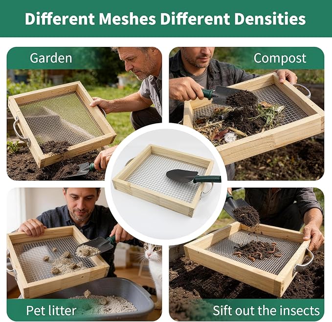Soil Sifter for Gardening Dirt Sifter with 0.31 inch Metal Wire Mesh Sifting Screen Wood Rocks Sifter with Handle Screen Compost Sifter Garden Essentials（12.5x11.4 in）