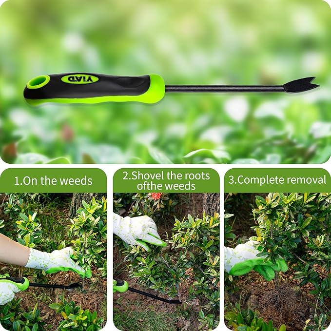 YIAD Hand Weeder Weed Puller Tool - 13-Inch Heavy Duty Dual Tip Design for Root Removal, Rust-Resistant Steel, Ergonomic Grip, for Garden Lawn Yard Patio Flower Bed