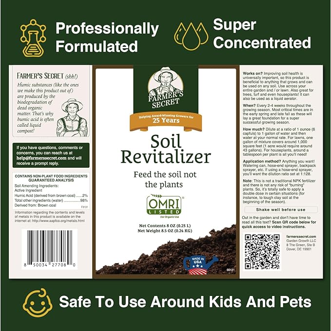 Farmer’s Secret Soil Revitalizer (32oz) - Organic (OMRI Listed) Dirt Health Booster - Liquid Compost Soil Amendment - Activated Humic Acid - Great for Fall/Spring Application