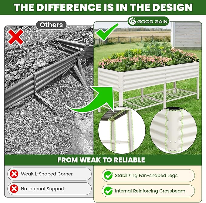 Elevated Raised Garden Bed 2' x 6'- Galvanized Metal Planter Boxes with Legs & Storage Rack, Outdoor Planters for Backyard/Patio/Balcony, with Drainage Holes for Vegetables, Flowers, Herbs, White
