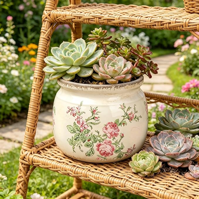 Flower Pots Planters for Indoor Plants Ceramic Plant Pots with Drainage 6.1 Inch Vintage Ceramic Pots for Plants Outdoor Home Garden Decor, Vintage Pink Rose