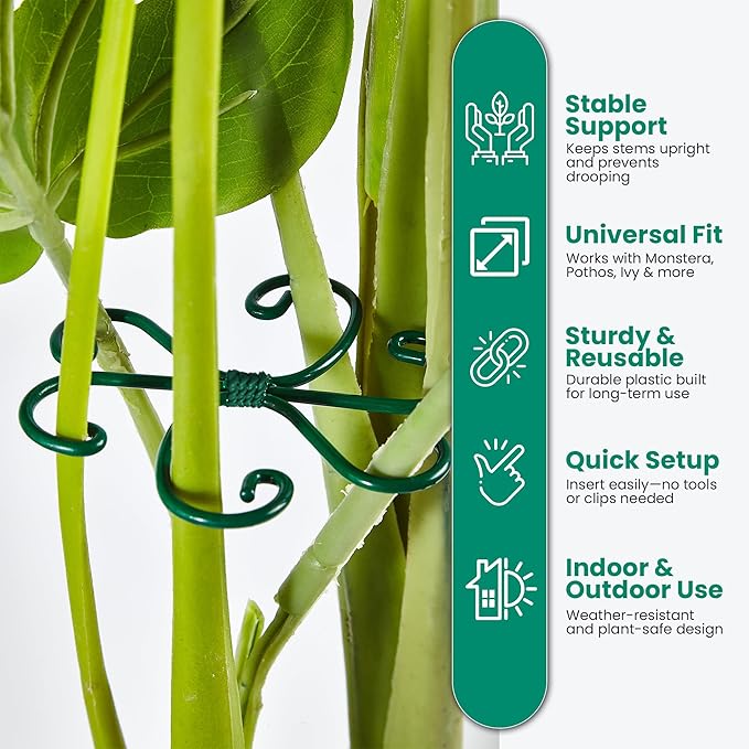6 Pack Metal Plant Stem Supports for Indoor Plants (Green) - Houseplant Climbing Stem Supports and Stabilizer for Outdoor Plants
