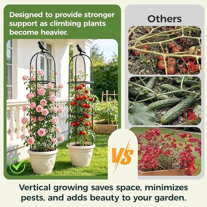 1pcs Garden Obelisk Trellis for Climbing Plants Outdoor, Tomato Cages for Garden, Metal Rustproof Plant Support Trellis for Potted Plants, Rose, Vine, Vegetable for Outdoor & Indoor Use (Black)
