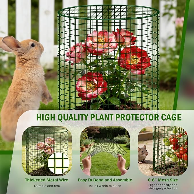 6 Pack Plant Protectors from Animals with Cover, 12" x 12" Round Metal Wire Garden Plant Cages to Keep Animals Out, Rabbit Proof Protection for Vegetables & Flowers with Stakes, Zip Ties & Gloves