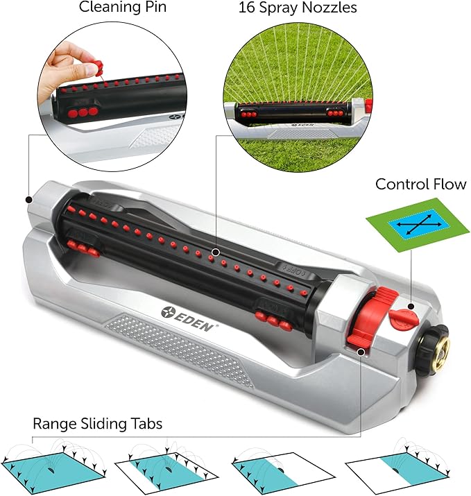 Eden 96216 Heavy Duty Turbo Oscillating Sprinkler, Covers Up to 4,900 sq. ft., 20 Precision Nozzles, Aluminum Base, Flow and Width Control, Adjustable Range, Quick Connects, Filters
