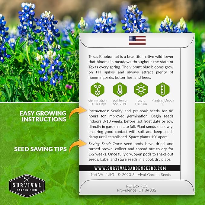 Texas Bluebonnet Seeds for Planting - 3 Packets with Instructions to Plant & Grow Lupinus Texenisis in Your Home Wildflower Garden - Non-GMO Heirloom Variety- Survival Garden Seeds - Drought Resistant