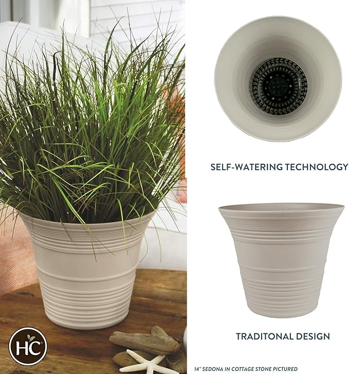 The HC Companies 12 Inch Sedona Round Self Watering Planter - Decorative Lightweight Plastic Plant Pot for Indoor Outdoor Plants Flowers Herbs, Cottage Stone (Pack of 3)