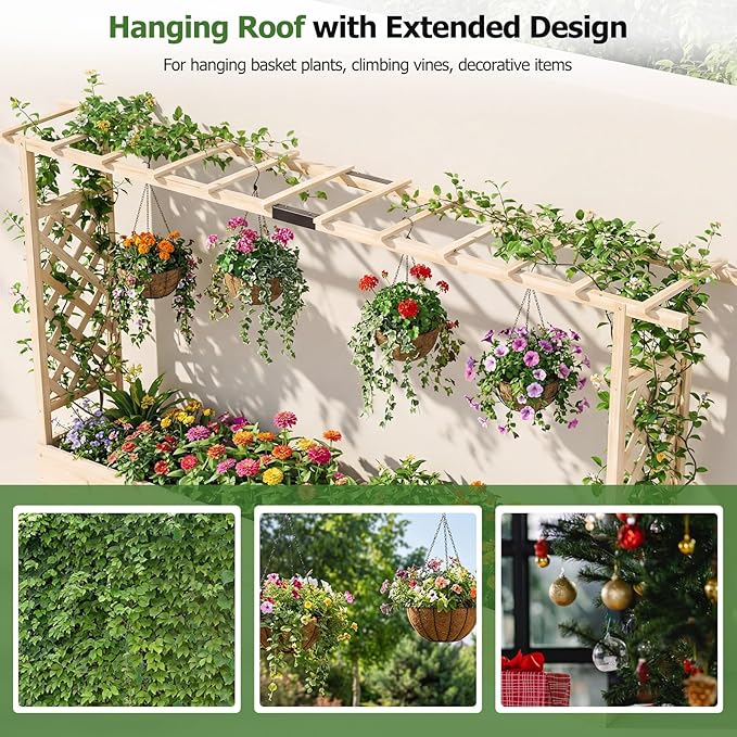HAPPYGRILL Raised Garden Bed with Trellis, Freestanding 45" Wood Planter Box w/Hanging Roof & 8 Drainage Holes for Vine Climbing Plants Flowers, Outdoor Wood Elevated Garden Bed for Patio Yard