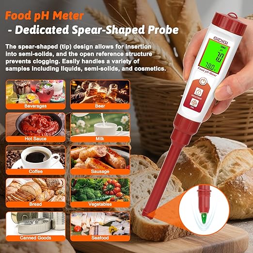 pH Meter for Food Fermentation, Digital pH Temp. Tester for Sourdough Bread Acidity Tester 5.5in pH Probe pH Tester for Cheese Hot Sauce Kombucha Wine Meat Saliva Cosmetic, 1 Replaceable Probe