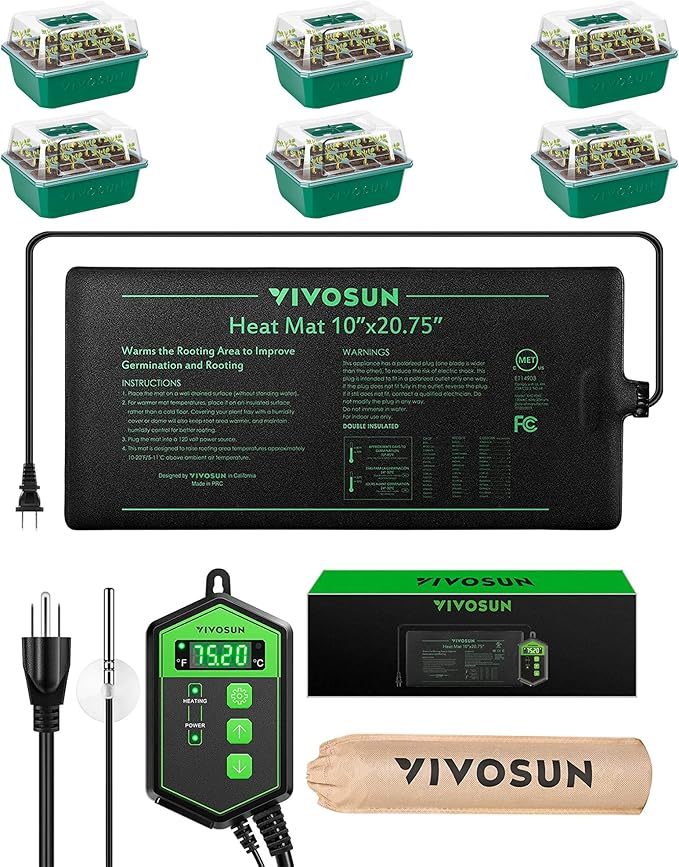 VIVOSUN 10"x20.75" Seedling Heat Mat and Digital Thermostat Combo, 6-Pack Seed Starter Trays, 72-Cell Seed Starter Kit with Humidity Dome, Flat Reusable Plant Germination Trays for Germination, Indoor