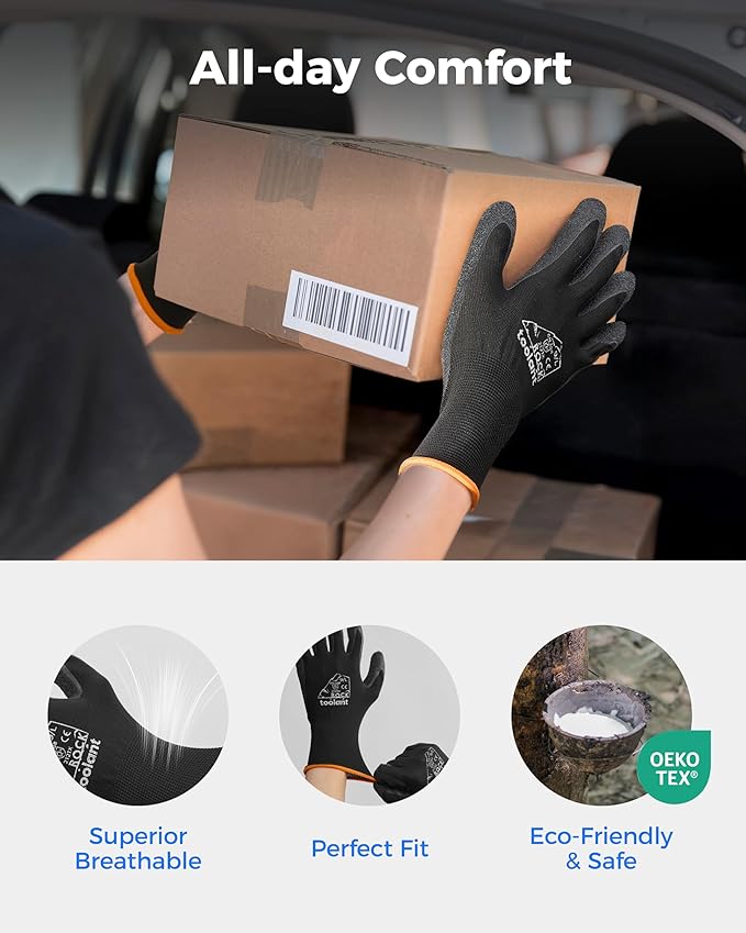 toolant Crinkle Latex Work Gloves Bulk, Rubber Coated Safety Work Gloves for Men and Women, 60 Pairs for Construction, Gardening, Warehouse (Black, XL)